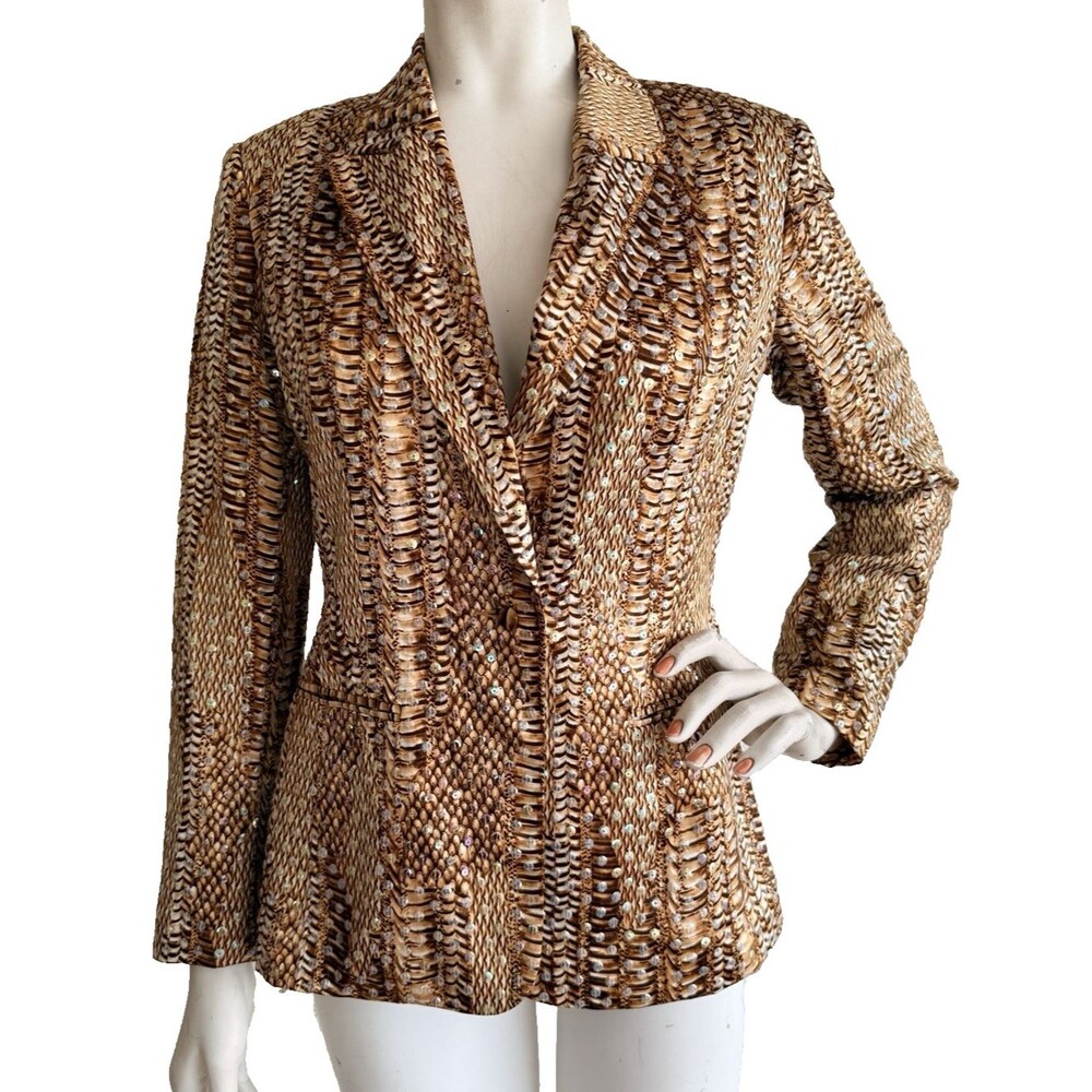 Vtg OLEG CASSINI Night Evening Jacket Blazer Brown 100% Silk Paillette Sequin 2